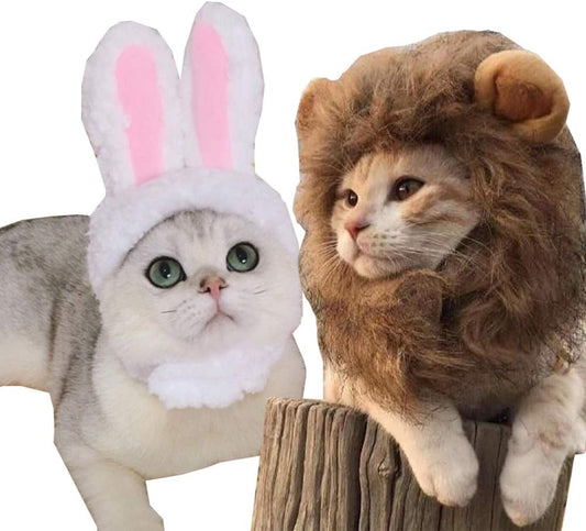 2 Pack Lion Mane Wig Costume for Cat Costume Bunny Rabbit Hat Headwear with Ears Pet Cosplay Dress up Halloween Party Costume Accessories for Cats & Small Dogs